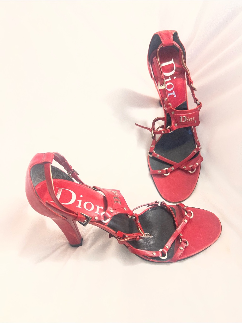 Dior Bondage Red Leather Studded Strappy Heels